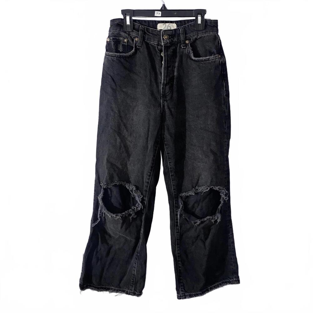 Free People Black Distressed Baggy Jeans 26 ripped knees raw hem Y2K grunge vibe
